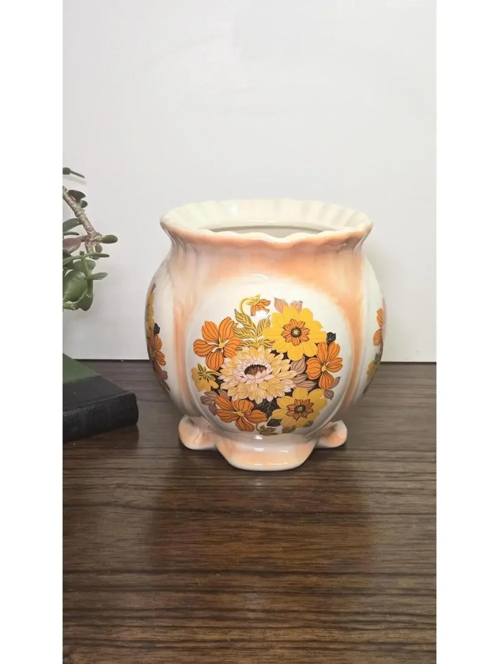 Vintage Handmade Orange and Floral Ceramic Pot Vase